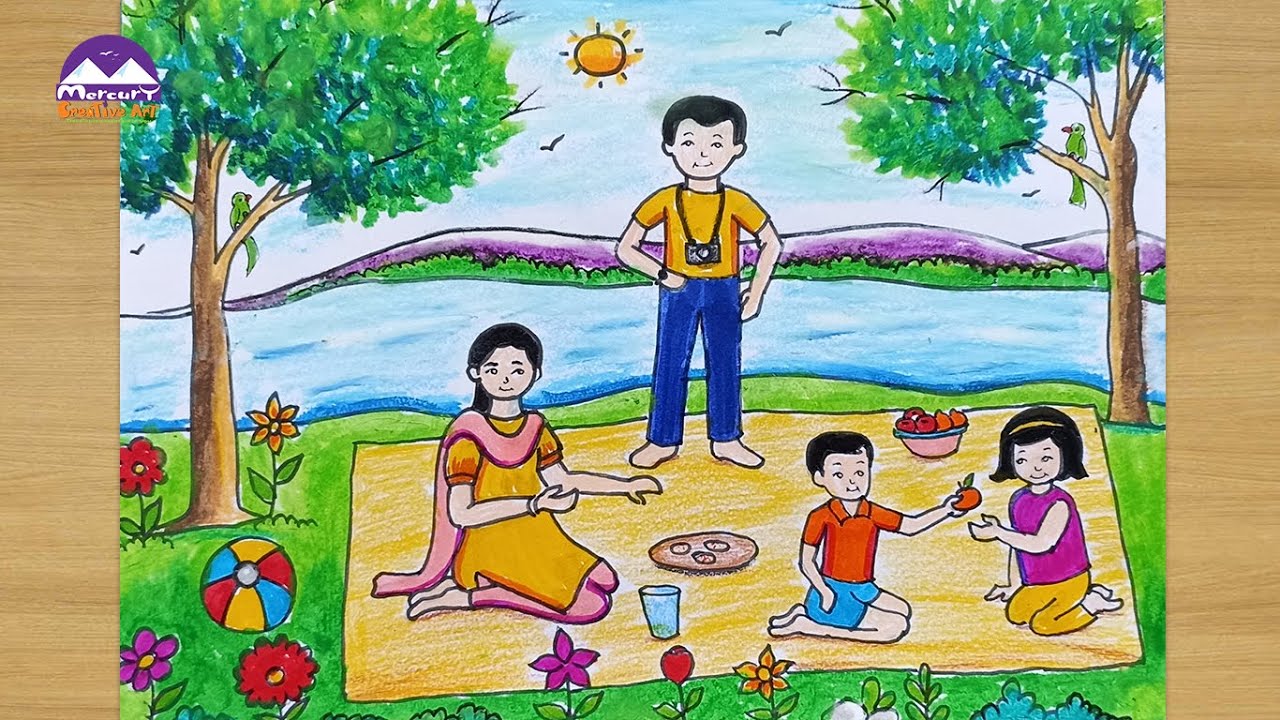 how to draw my happy family / How to draw scenery of family picnic easy steps / how to draw a picnic