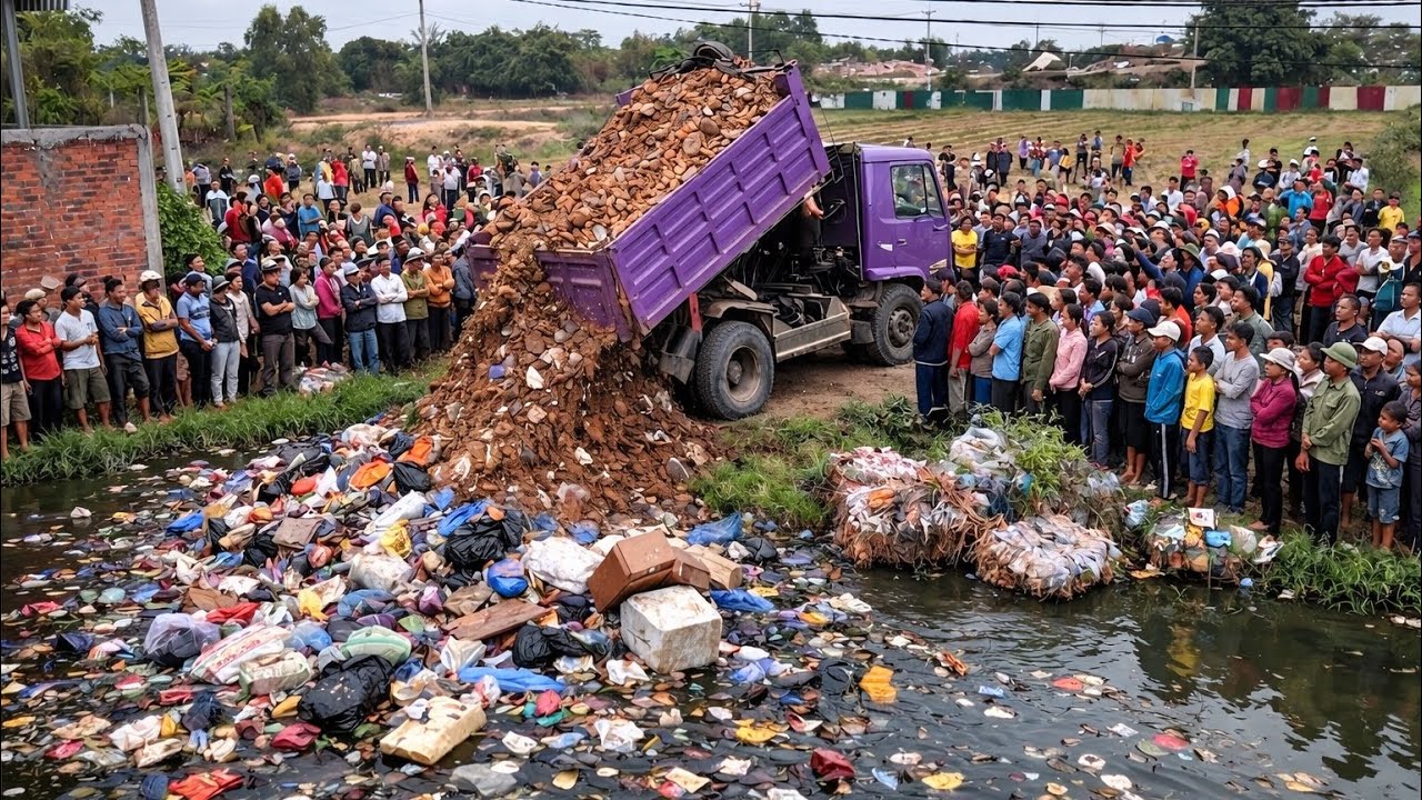 First Started A Perfect Project!! LandFill Delete Deep Canal By Skills Dozer Pushing Soil Into Water