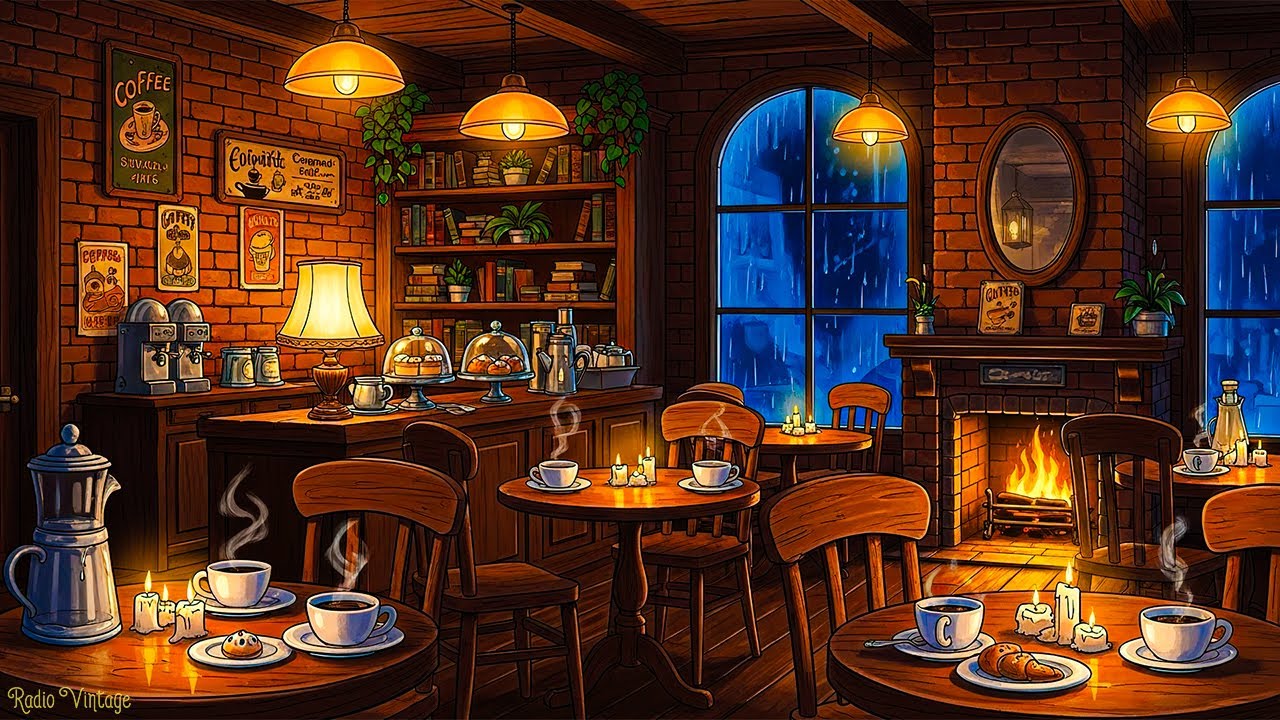 slow living in cozy autumn and listening to retro jazz in old 1940s coffee shop on a rainy night