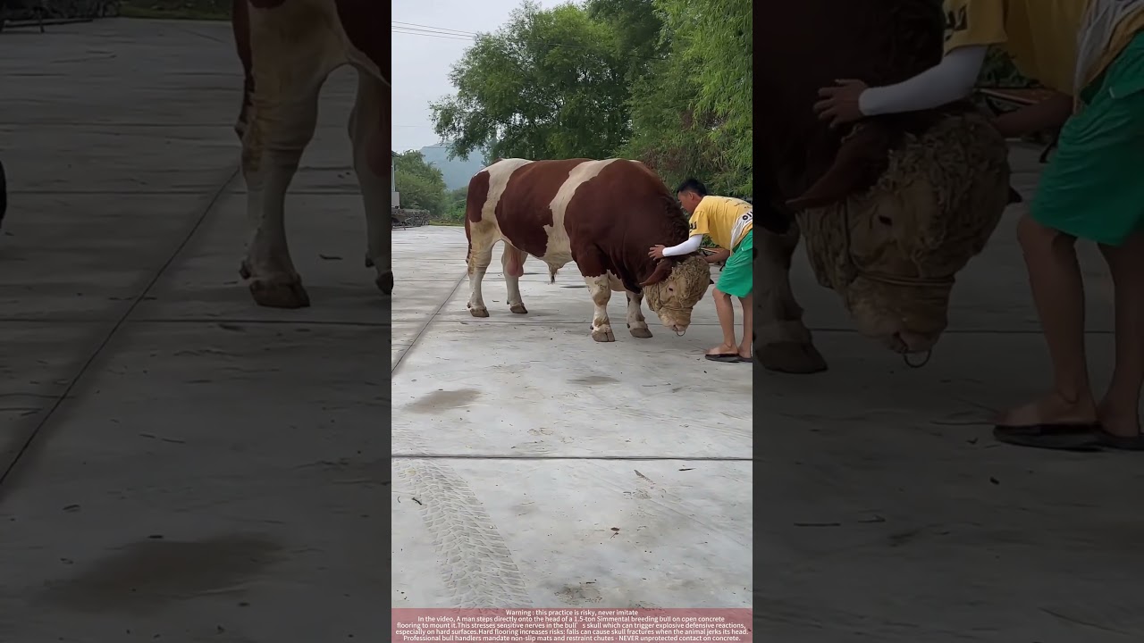Mounting a 1.5-Ton Bull by Stepping on Its Head - Severe Neck Injury Warning#LivestockSafety
