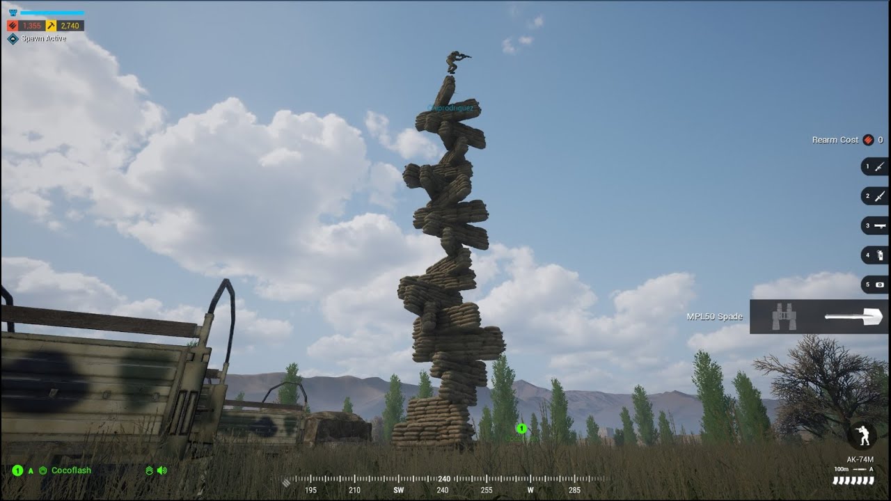 Building a sandbag tower in a Squad public lobby