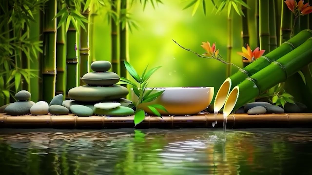 Relaxing Music, Bamboo Water Fountain and Healing Paino Deep Sleep Music, Meditation, ....