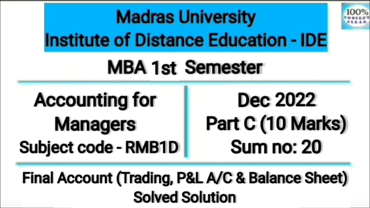 Madras University IDE | MBA 1st Sem | RMB1D | Dec 2022 - Part C(20) |Accounting for Managers | Tamil