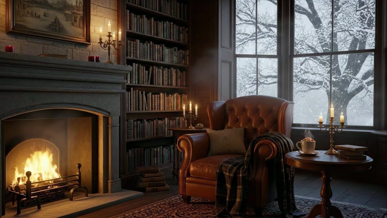 Midnight Library 📚 Deep Focus & Slow Living Ambience (Winter Blizzard & Fireplace)