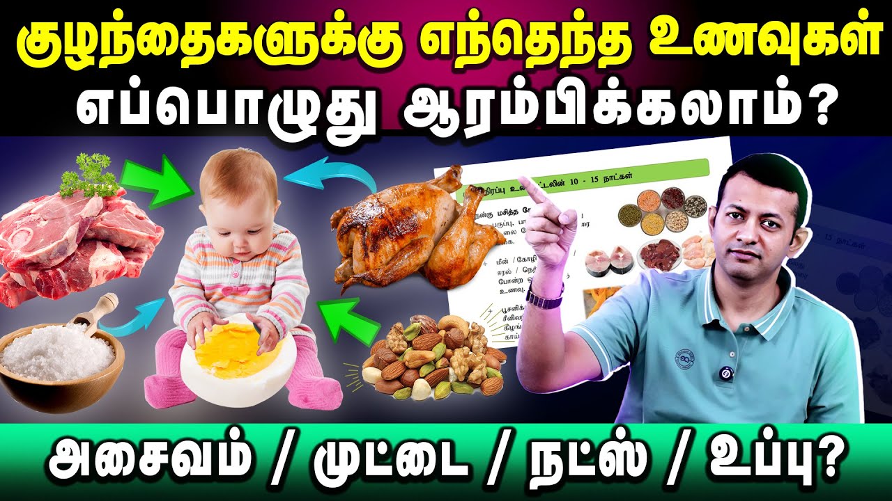 குழந்தைகளுக்கு எந்தெந்த உணவுகள் எப்பொழுது ஆரம்பிக்கலாம்? | அசைவம் / முட்டை / நட்ஸ் / உப்பு?