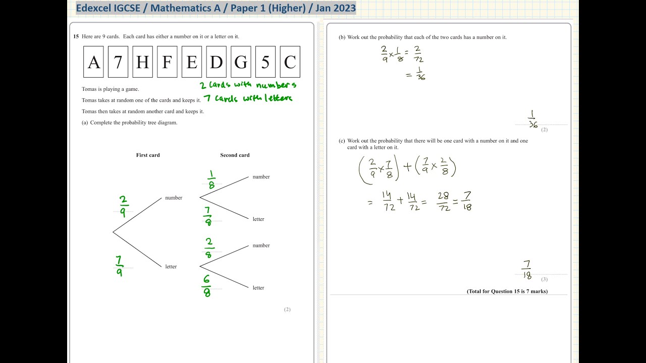 Edexcel IGCSE / Mathematics A / Paper 1 (Higher) / Jan 2023 / Probability Tree