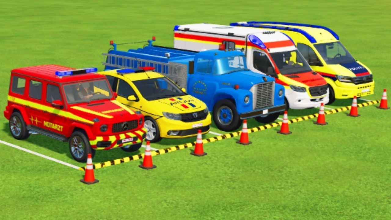 TRANSPORTING CARS, AMBULANCE, POLICE CARS, FIRE TRUCK, MONSTER TRUCK OF COLORS! WITH TRUCKS! - FS 22