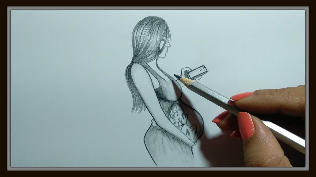 Pregnant Woman And Her Baby Busy With Mobile Drawing In Pencils ➤EAsy