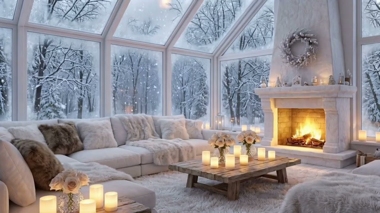 🥂 White Winter Piano Lounge | Cozy Snowy Window for 4 Hours | Sleep Relax Calm Focus