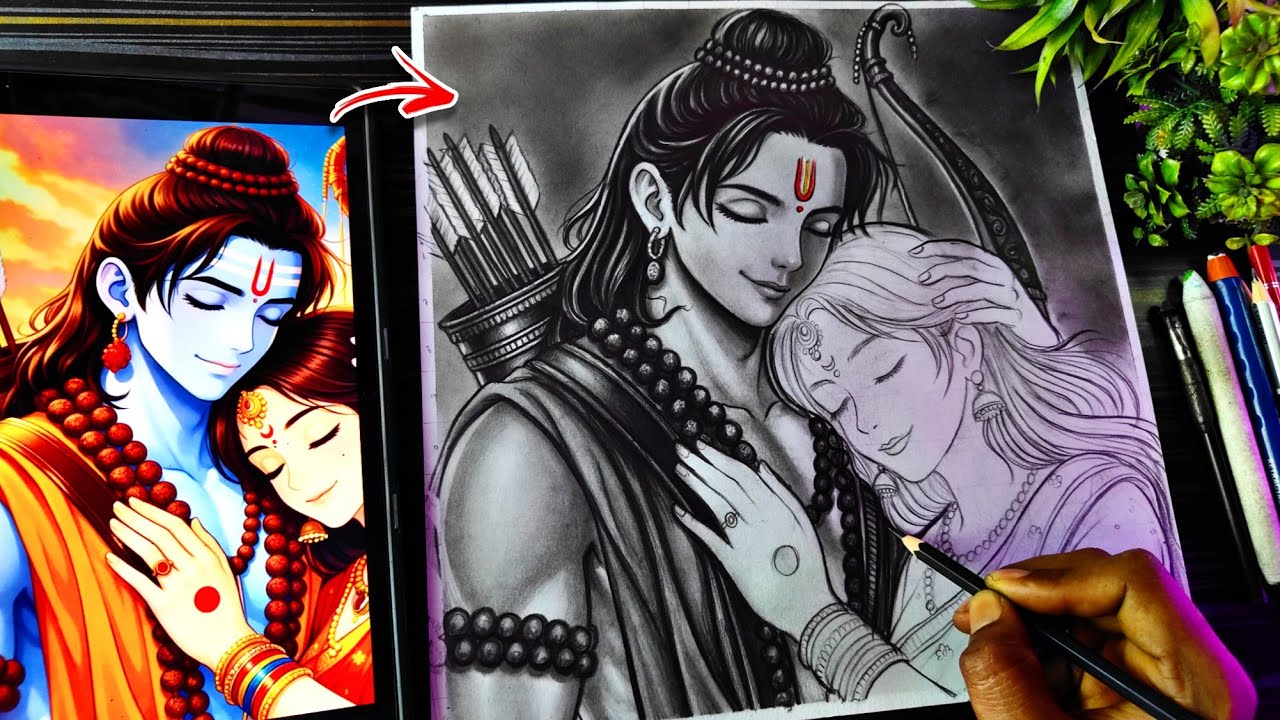 Ram Sita Drawing Sketch, Lord Ram and Sita Animestyle Drawing, Ram Navami Drawing Step By Step