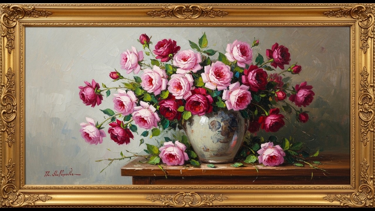 Frame TV Art: Impressionist Pink & Red Roses Bouquet in Soft Glow | 4K Ambient Art