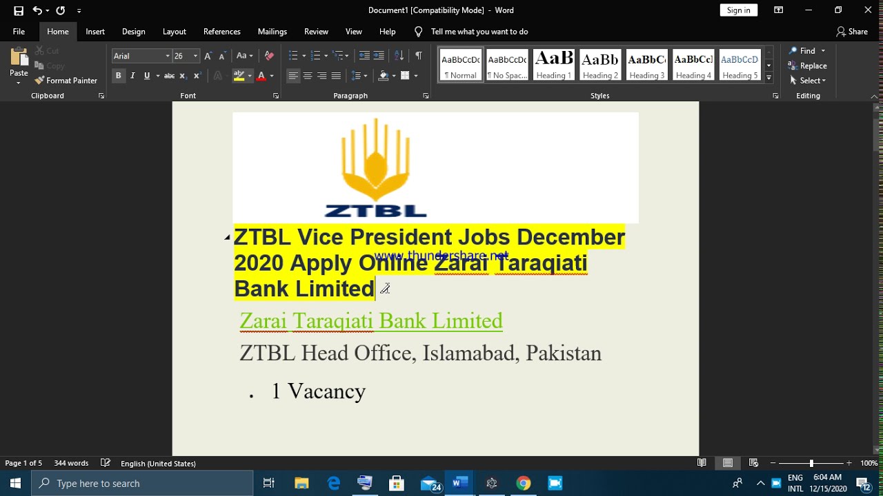 ZTBL Vice President Jobs December 2020 Apply Online Zarai Taraqiati Bank Limited