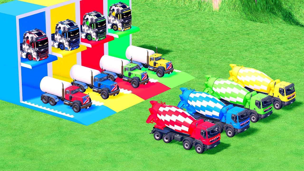 Garage with Colors - ALL MIXER TRUCK WITH DOUBLE FLATBED TRAILER TRUCK, SCANIA, MACK #79 - FS22