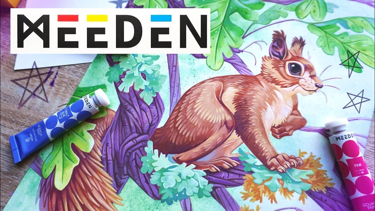 Squirrel illustration using Gouache, trying out and reviewing art supplies from Meeden!