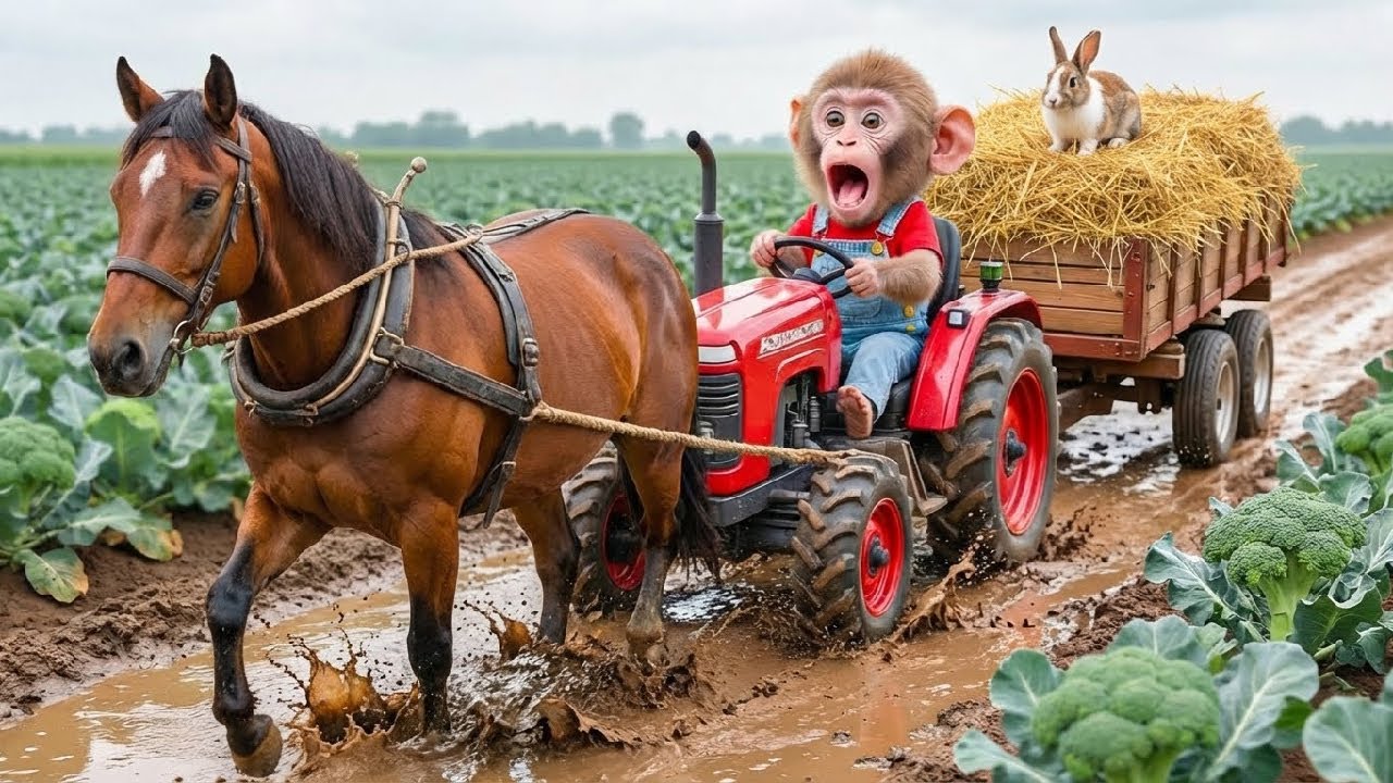 Farm Work: The Tractor Is Broken! Monkey NaNa’s Gets Pulled to Work by a Horse | Cobby Farm