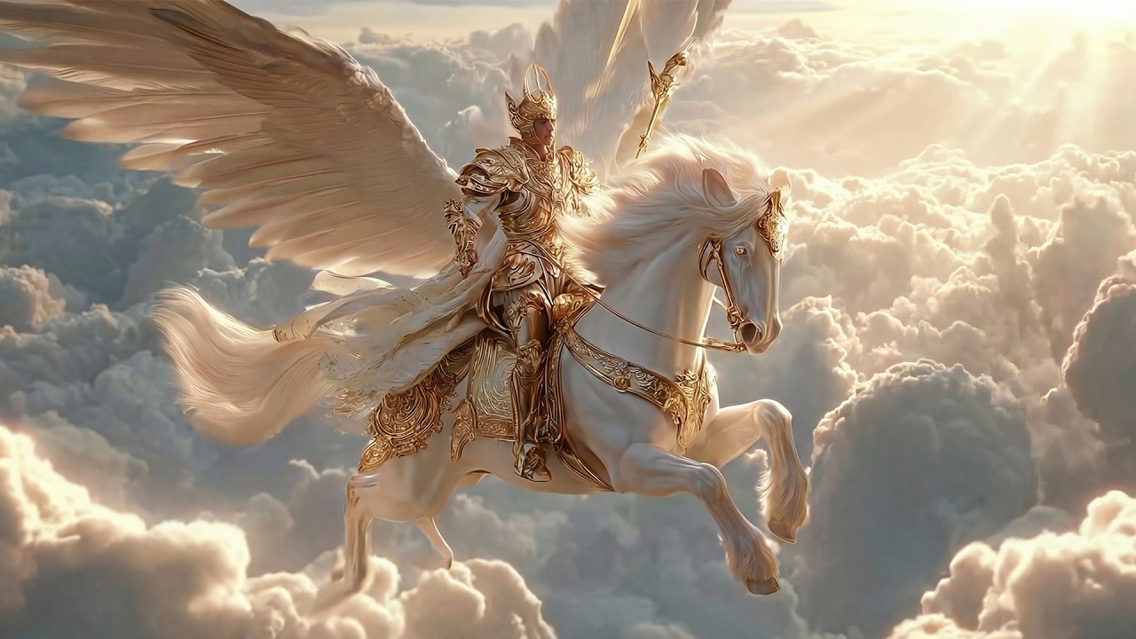 Divine Warrior – A Hero on a Heavenly Steed Soaring Through Clouds Toward Celestial Palaces