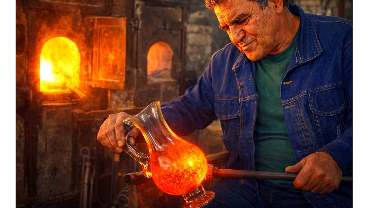 How to Make a Handmade Glass Pitcher from Molten Glass | Traditional Glass Blowing