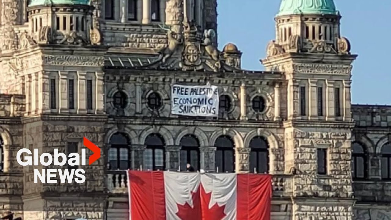 "Free Palestine" protest banner on BC legislature at centre of "security breach"