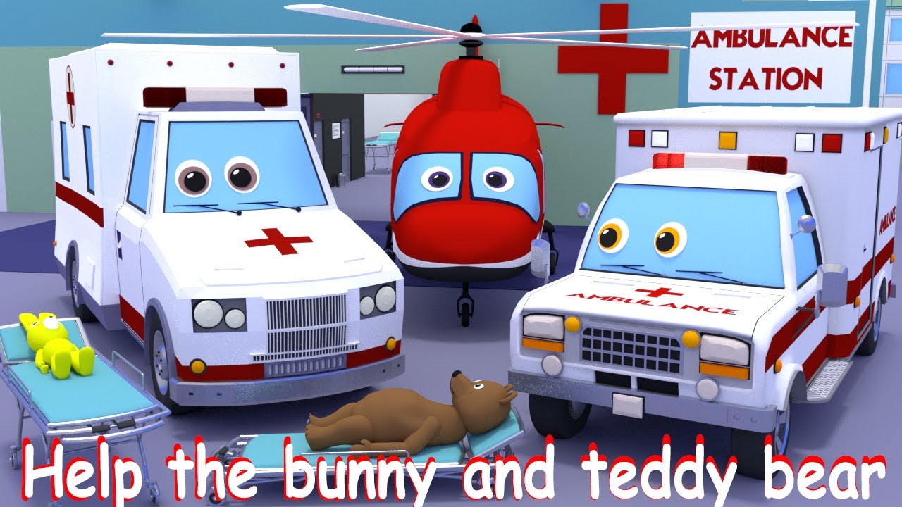 Cartoons for kids about cars. Ambulance, helicopter, hospital ship. Help a hare and a teddy bear