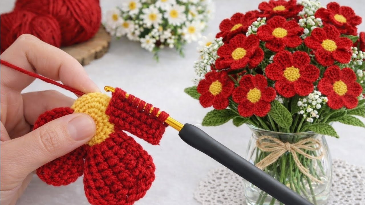 Super Easy Tunisian Crochet idea!💐 FlowerBouquet with Leaves Easy & Beautiful 