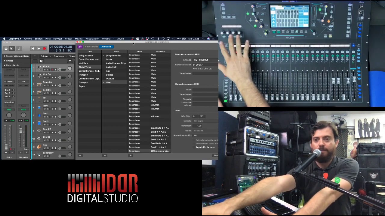 Superficie de control, asignar controladores midi Logic Pro X  Allen & Heath SQ6 SQ5 SQ7 DAW control