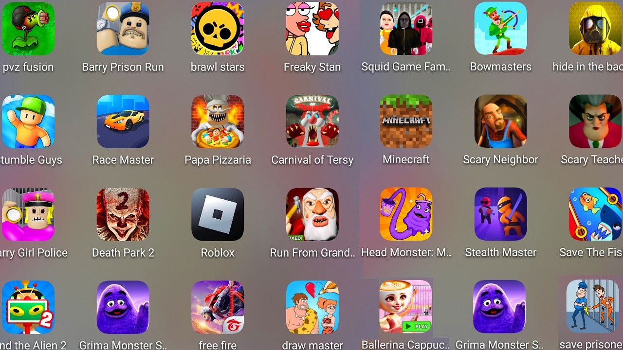 Grimace Monster Scary Survival,Free Fire,Roblox,Barry's Police Girl,Save Prisoner,Poppy Playtime 4..