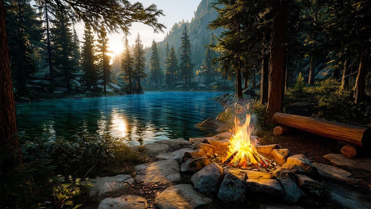 Peaceful Morning Campfire Ambience | Birds, Chipmunks & Crickets for Deep Sleep & Relaxation [4K]