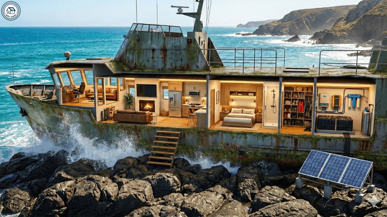 Build a house inside an abandoned military patrol boat on the sea (Full ASMR Process).