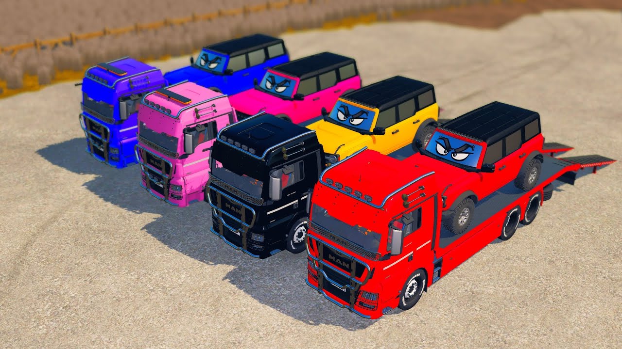 COLORFUL MAN TRUCKS FUN DRIVE TRANSPORTING CUTE EYE JEEPS | FS22