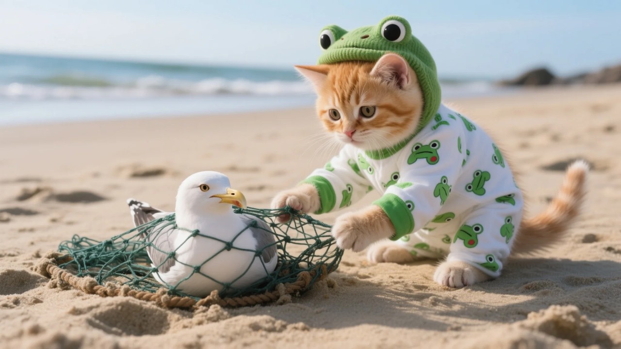Ginger Kitten and Mama Cat Go on a Beach Trip and Rescue a Seagull Caught in a Net 🌊😿