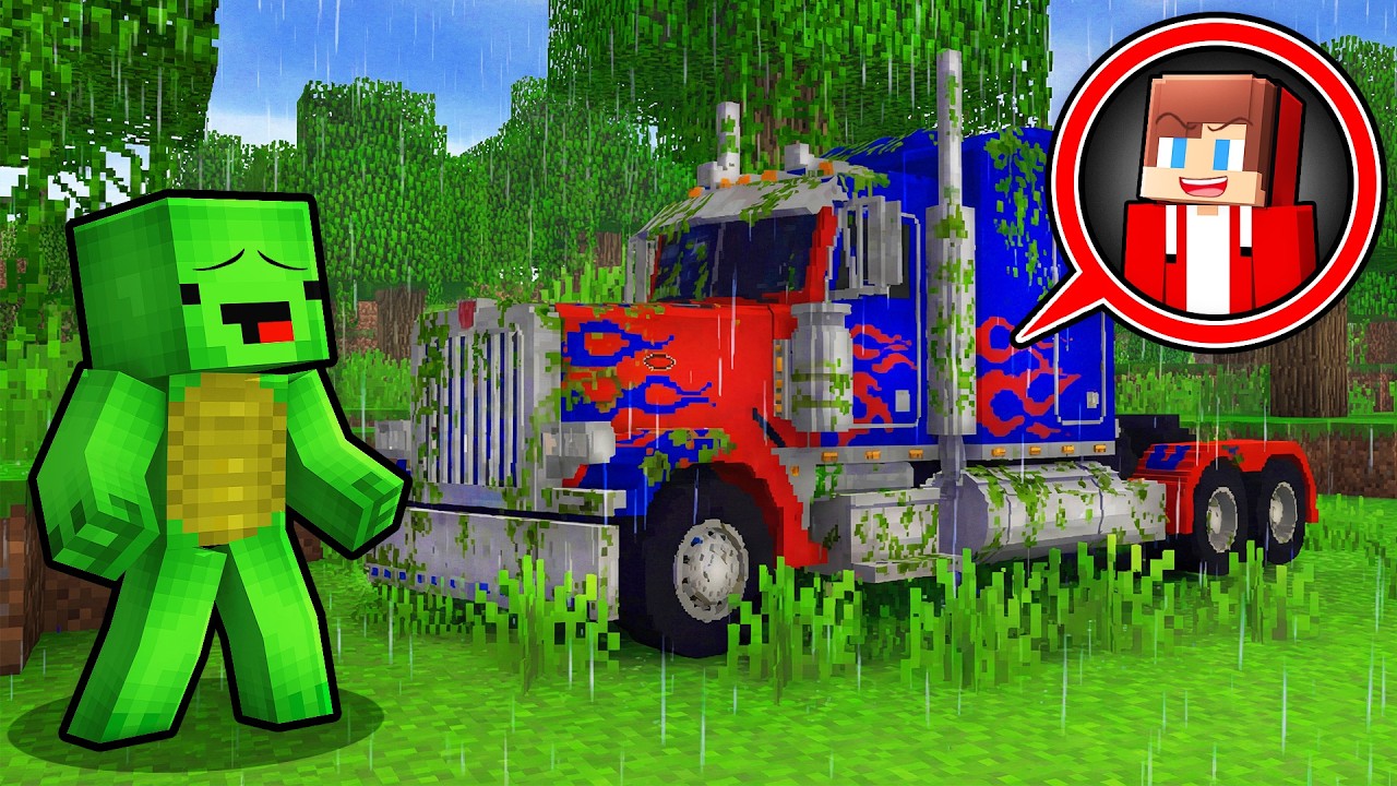 Mikey discovered Optimus Prime's car, with JJ sitting in it - Maizen Minecraft Animation