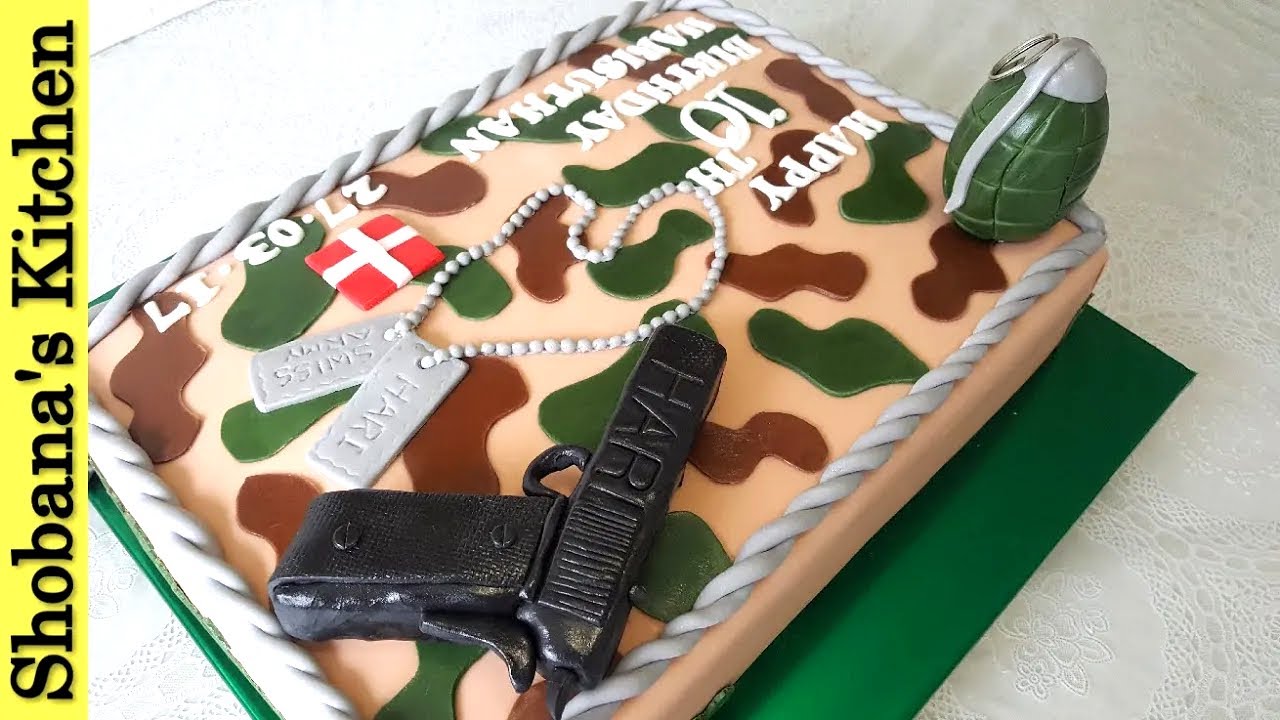 Army Theme Birthday Cake - Fondant Gun & Grenade Topper - 3D pistol Cake - Camouflage Birthday Cake