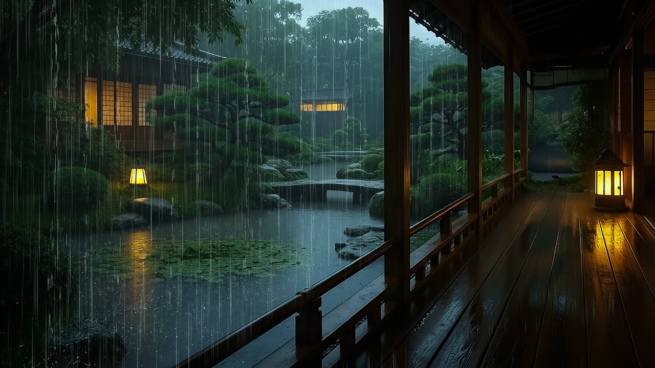 Calm Rainfall on Forest Garden Pond | Gentle Rain & Thunder at Forest Cabin to Sleep & Cure Insomnia