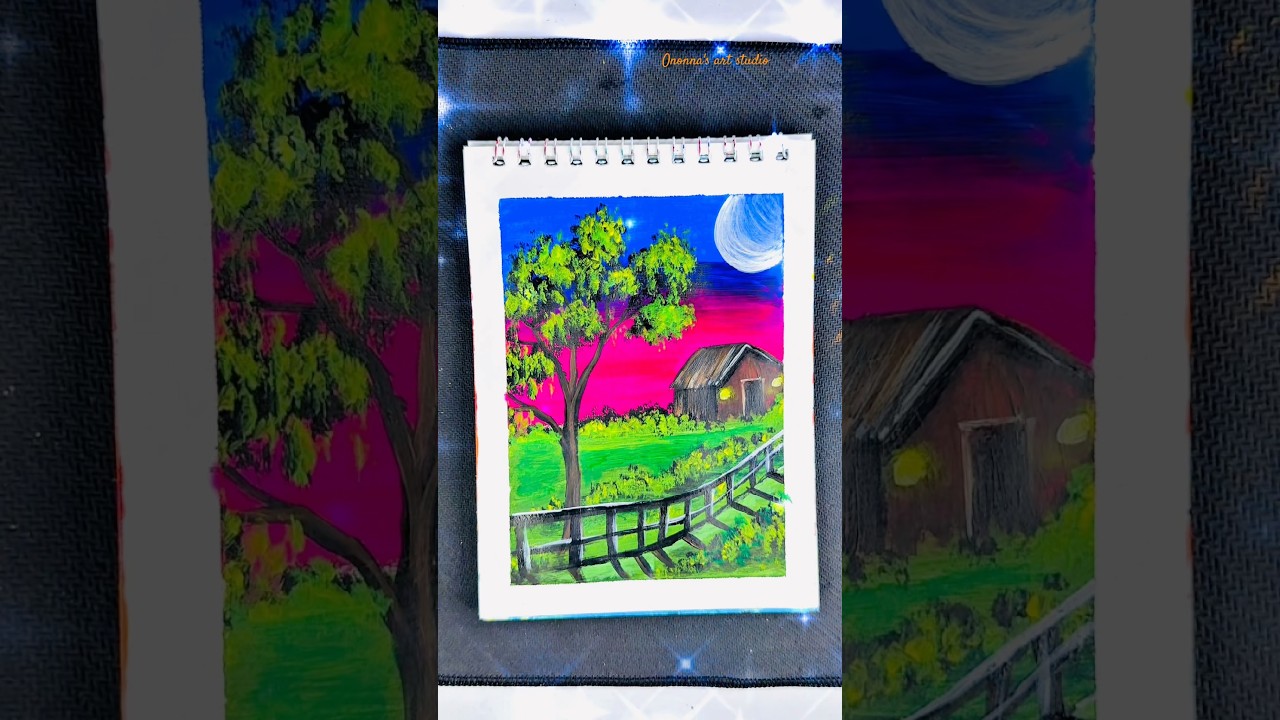 Peaceful Village Night Acrylic Painting | Easy Landscape Art for Beginners | Moonlight Scene Shorts