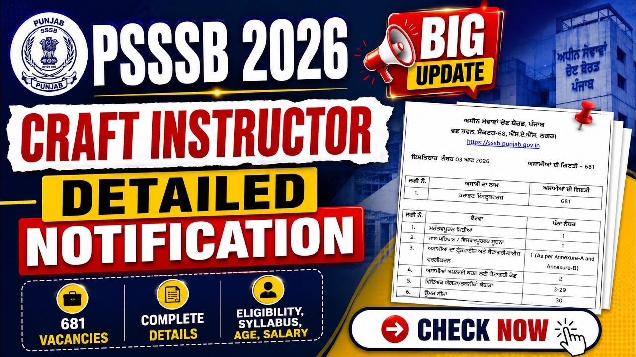 Craft Instructor PSSSB Vacancy | PSSSB New Vacancy 2026 | PSSSB Notification 2026 | Punjab Testbook