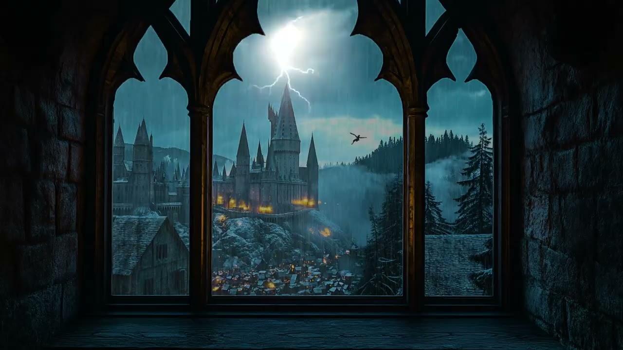 Quiet Midnight Rain Seen Through Hogwarts Castle Window, Soothing Ambience for Rest and Focus