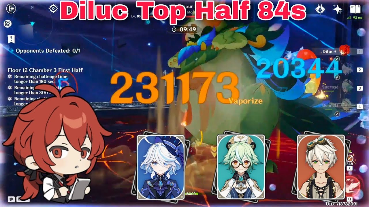 Diluc Vape Top Half Continues Speedrun 84s || Genshin Impact 5.0 Abyss