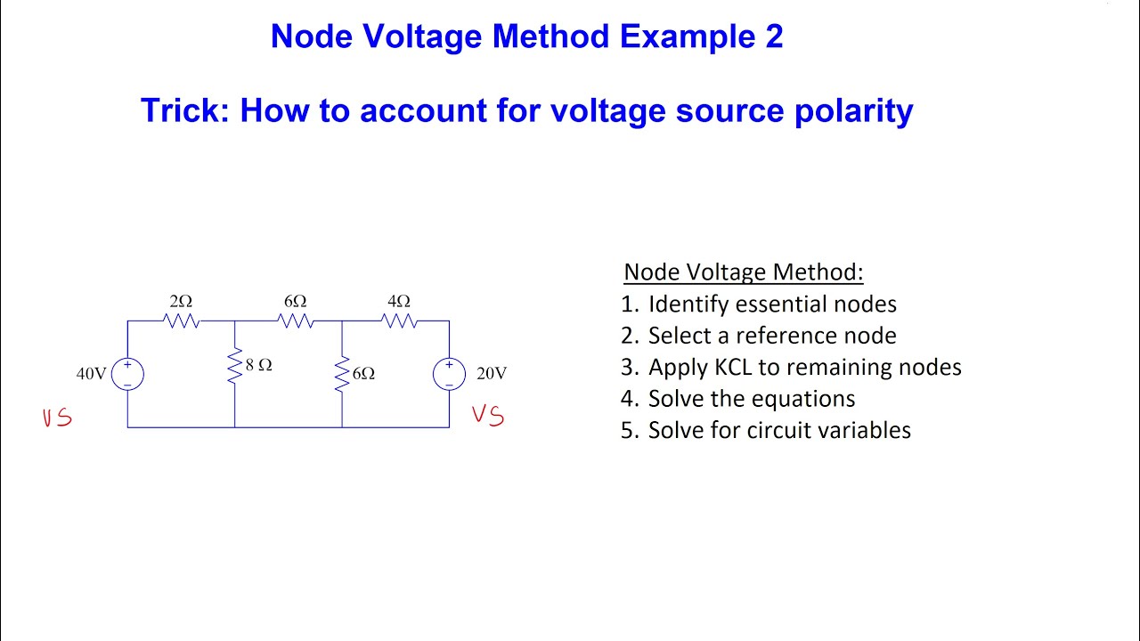 Node Voltage Method  - Example 2 (Trick: How to account for voltage polarities)