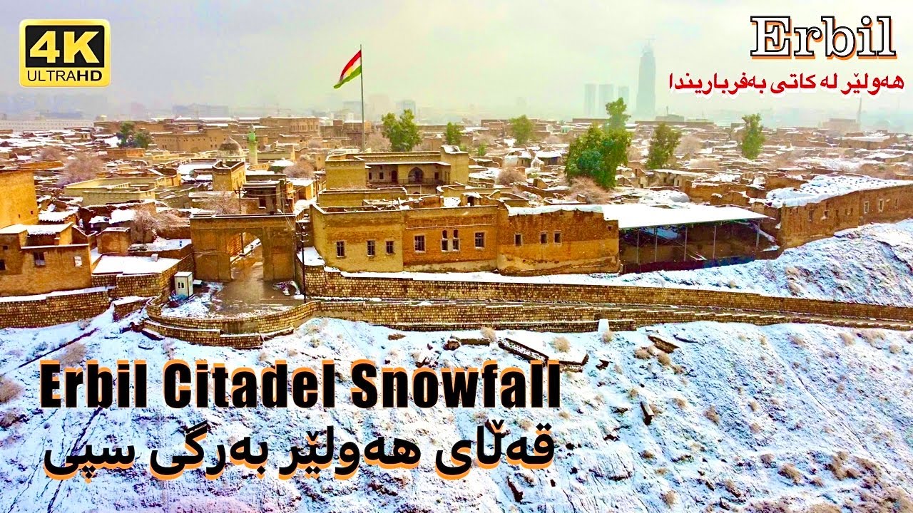 Erbil Citadel Snowfall 4K Drone Footage Kurdistan Winter