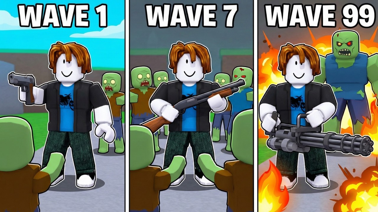 NOOB to GOD Progression in Survive Zombie Arena! (Wave 1 - 99)
