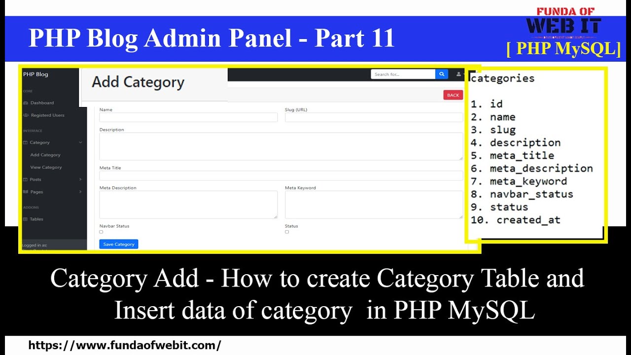 PHP Blog Admin Panel 11: Category  Add - How to create Table and insert data in database in php