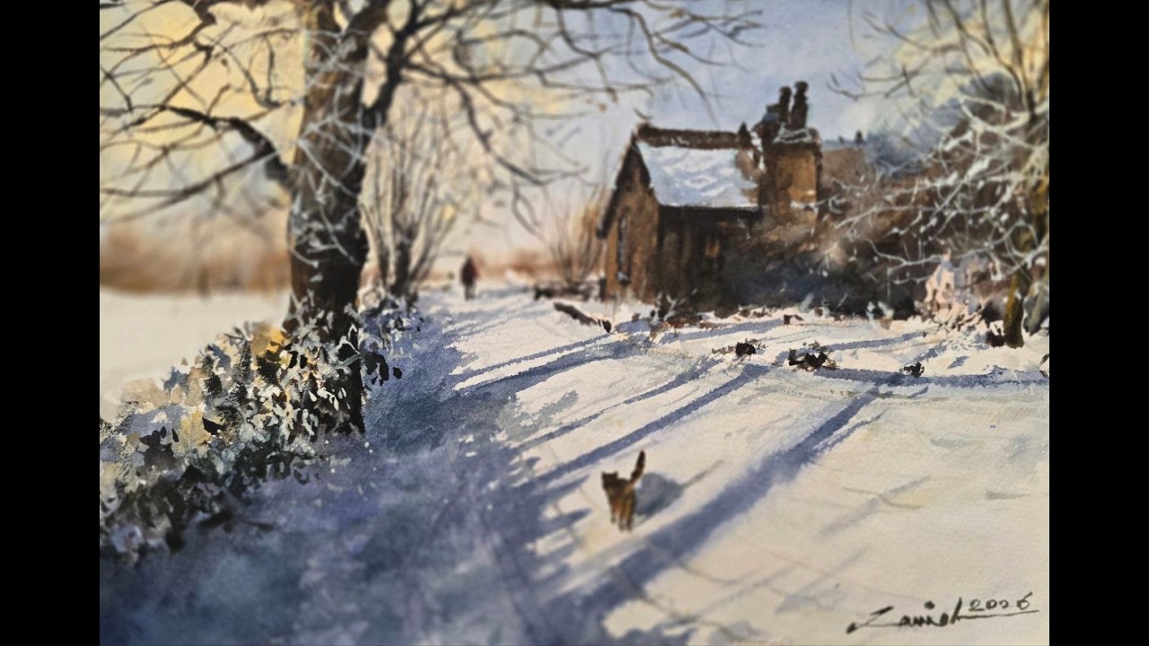 How to paint a snowy cottage landscape in watercolor | Winter tutorial