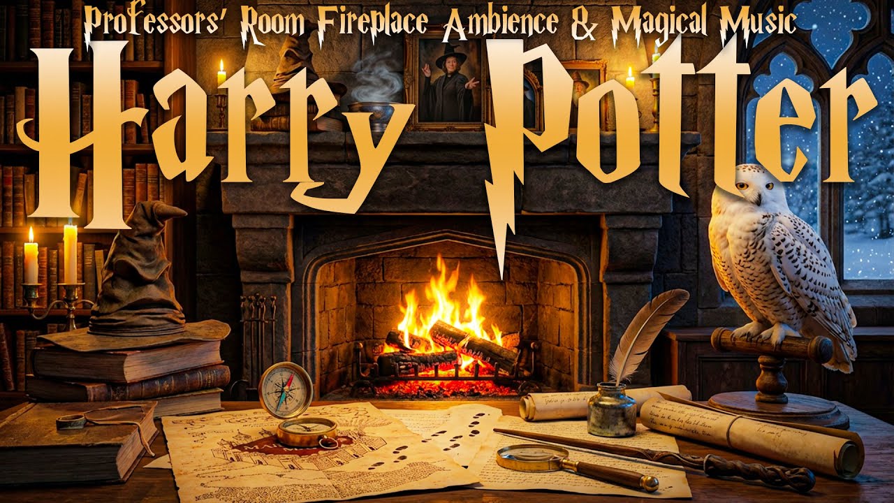 Hogwarts Fireplace Ambience 🔥 Professors’ Room, Snow Outside the Window | Harry Potter Music