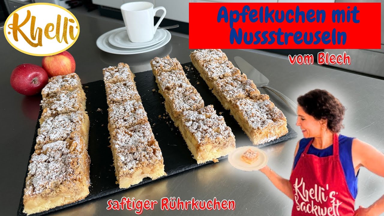Apfelkuchen mit Nussstreusel vom Blech/Apfelkuchen/saftiger Apfelstreuselkuchen/Rührkuchen