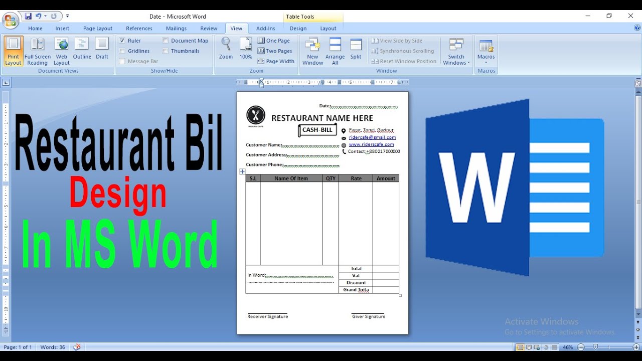 Restaurant bill Design In MS Word| Cash Bill Create | Cash Memo Design Tutorial In MS Word