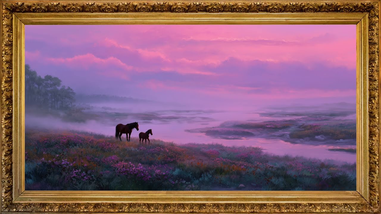 River Serenity: Horse TV Screensaver 4K | Ambient TV Art Pink & Purple Background | Jazz music
