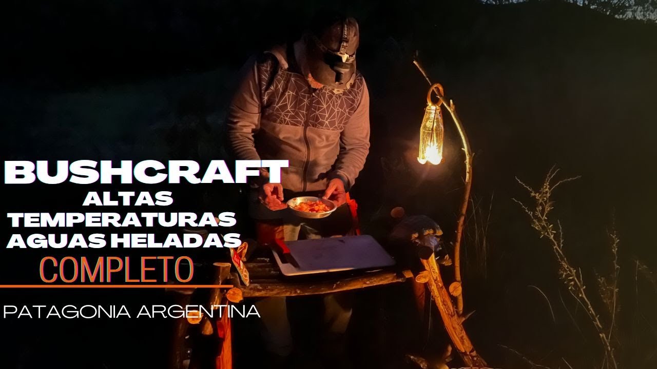 Completo! REFUGIO solo con TARP, BUSHCRAFT, pesca y comida en rio transparente y helado.(9)