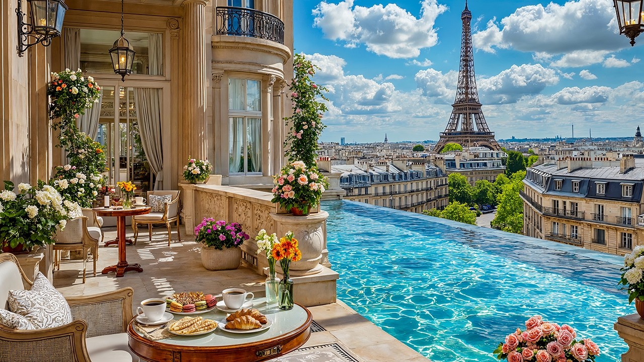 Bright Morning Jazz in Paris ☕ Luxury Rooftop Caf&eacute; Ambience & Calm Jazz Music for Study & Work