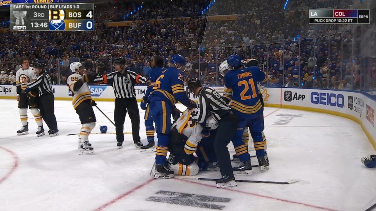 Buffalo Sabres vs Boston Bruins 3rd Period Scrum, Misconducts Handed Out