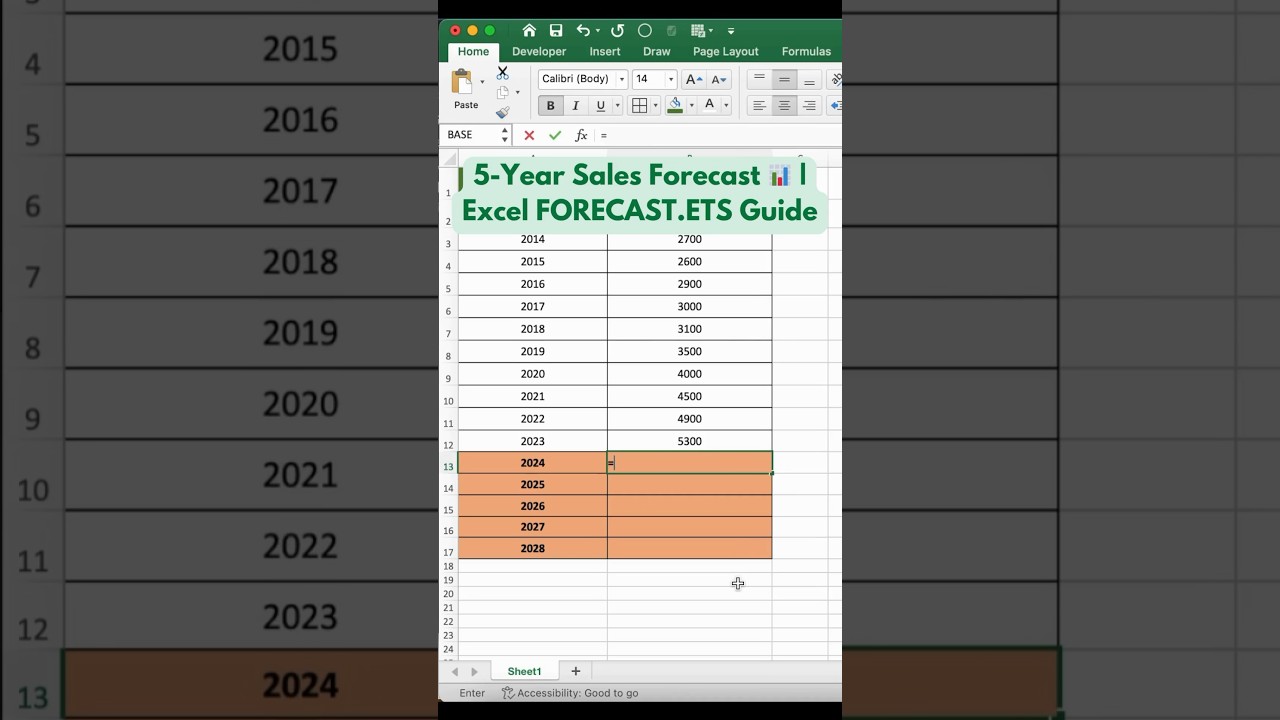 5-Year Sales Forecast in excel : Using FORECAST.ETS Function ‼️ ✨ #shorts #ytshorts #ytviral
